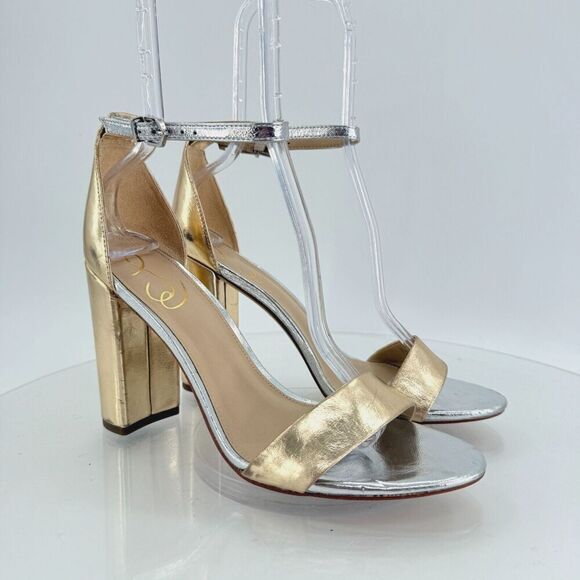 Sam Edelman Womens Yaro Sandals Ankle Strap Block Heel Gold Silver Size 9.5 - Picture 1 of 16